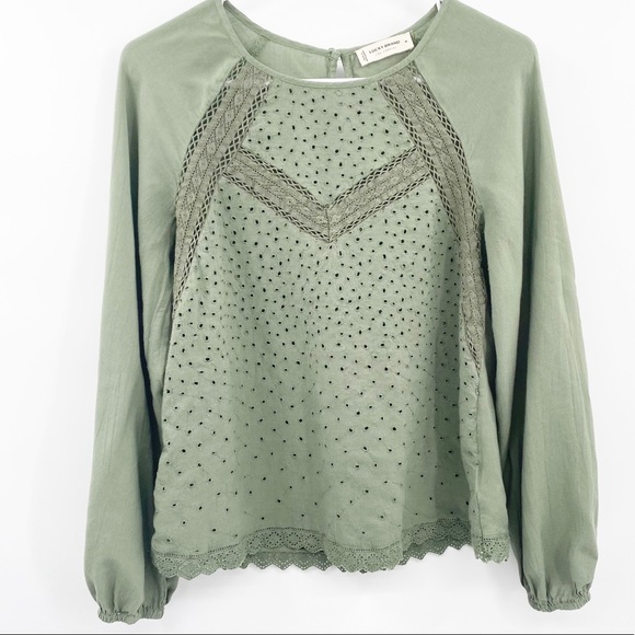 LUCKY BRAND I Top Blouse Eyelet Olive Green Medium - Picture 2 of 16